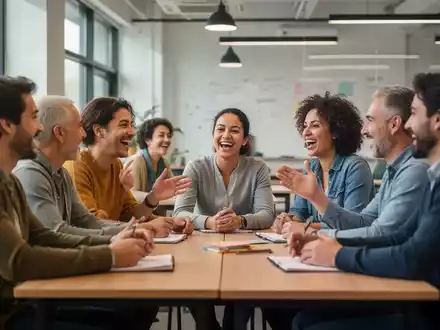 Eine vielfältige Gruppe von Menschen unterhält sich angeregt in einem hellen, modernen Lernambiente, das Sprachkurse symbolisiert. - Foto: über boerse-global.de