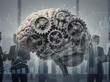 Abstrakte Darstellung eines Gehirns mit Zahnrädern und Finanzdiagrammen, überlagert von diskutierenden Personensilhouetten, die politische Entscheidungen und wirtschaftlichen Druck auf die psychische Gesundheit symbolisieren. - Foto: über boerse-global.de