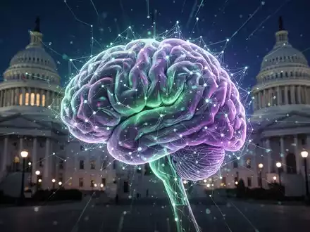Leuchtendes, komplexes KI-Netzwerk mit dezenten Regierungsgebäude-Umrissen im Hintergrund, symbolisiert KI und Regulierung. - Foto: über boerse-global.de