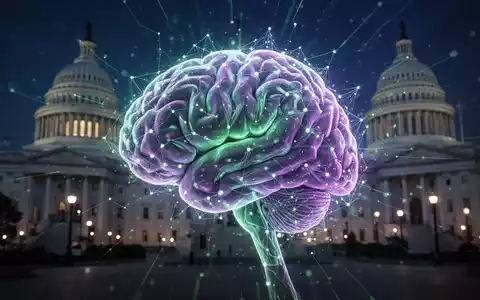 Leuchtendes, komplexes KI-Netzwerk mit dezenten Regierungsgebäude-Umrissen im Hintergrund, symbolisiert KI und Regulierung. - Foto: über boerse-global.de