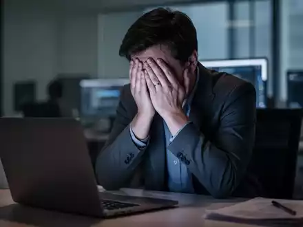 Eine Person vergräbt ihr Gesicht in den Händen, beleuchtet vom Laptop-Bildschirm in einem Büro, was digitalen Stress symbolisiert. - Foto: über boerse-global.de