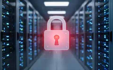 Digitales Vorhängeschloss-Symbol mit rotem Leuchten vor unscharfem Serverraum-Hintergrund, symbolisiert Datendiebstahl und Cybersicherheit. - Foto: über boerse-global.de