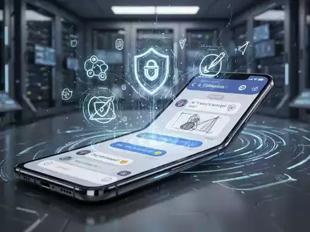 Nahaufnahme eines modernen Smartphones mit KI-Messaging-App, umgeben von leuchtenden digitalen Symbolen für Kommunikation und Sicherheit. - Foto: über boerse-global.de