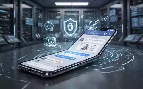 Nahaufnahme eines modernen Smartphones mit KI-Messaging-App, umgeben von leuchtenden digitalen Symbolen für Kommunikation und Sicherheit. - Foto: über boerse-global.de