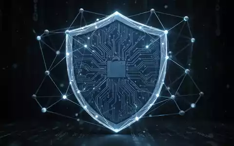 Abstrakte Darstellung von Cybersicherheit mit leuchtenden blauen Linien, die ein Schutzschild um ein Schaltkreismuster bilden. - Foto: über boerse-global.de