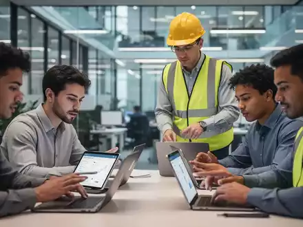 Fachkraft für Arbeitssicherheit überwacht digitale Unterweisung von Mitarbeitern an Tablets und Laptops in einem modernen Büro. - Foto: über boerse-global.de