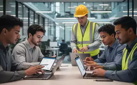 Fachkraft für Arbeitssicherheit überwacht digitale Unterweisung von Mitarbeitern an Tablets und Laptops in einem modernen Büro. - Foto: über boerse-global.de