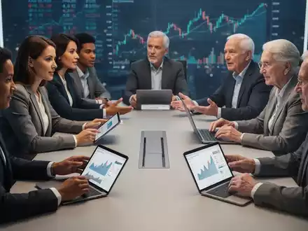 Eine vielfältige Gruppe von Menschen verschiedenen Alters diskutiert an einem modernen Konferenztisch über Finanzplanung und Altersvorsorge. - Foto: über boerse-global.de