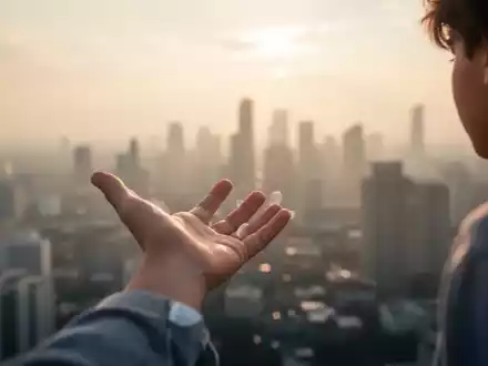 Junge Hand streckt sich in Richtung einer unscharfen Stadtlandschaft unter einem warmen, diesigen Himmel. - Foto: über boerse-global.de