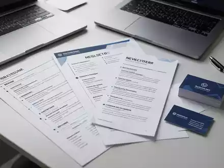 Professionelle Vorlagen für Lebenslauf, Newsletter und Visitenkarten auf einem Schreibtisch mit Laptop. - Foto: über boerse-global.de