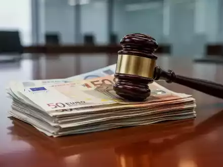 Ein Stapel Euro-Banknoten auf einem Holztisch mit einem Richterhammer daneben, der finanzielle und rechtliche Konsequenzen symbolisiert. - Foto: über boerse-global.de