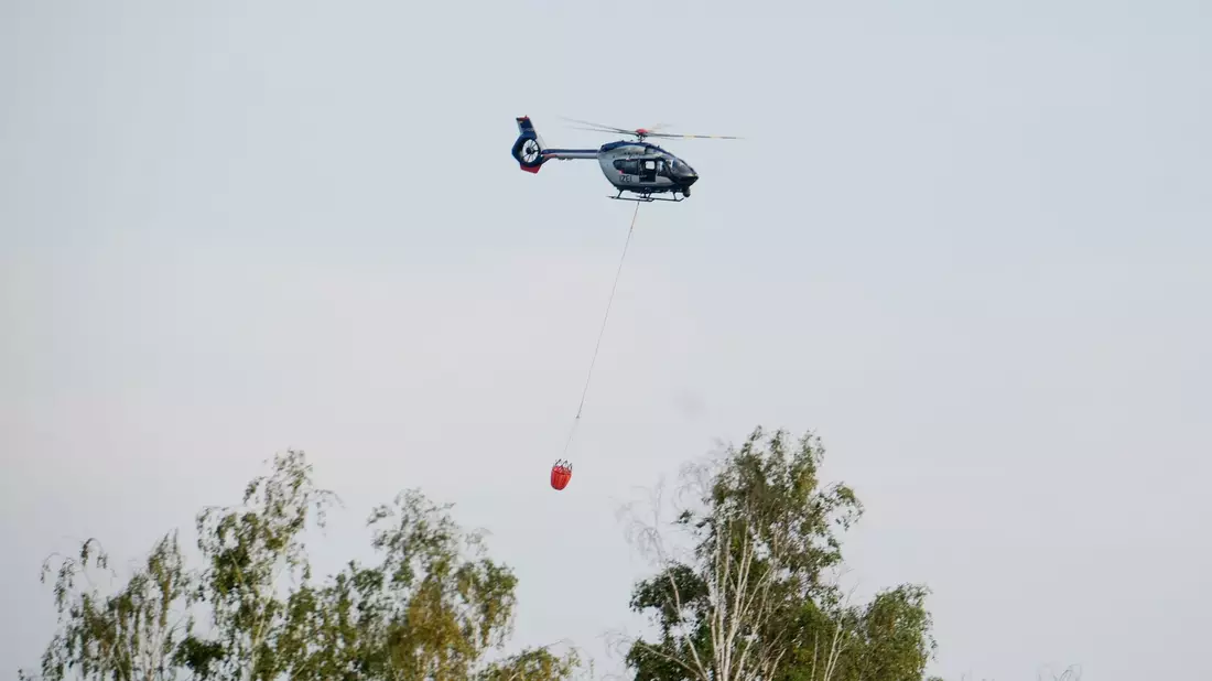 Ein Löschhubschrauber ist im Einsatz.  - Bild: Sebastian Willnow/dpa