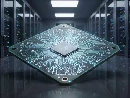 Nahaufnahme eines leuchtenden Siliziumwafers oder Speicherchips mit unscharfen Rechenzentrumsservern im Hintergrund, symbolisiert KI-Kosten. - Foto: über boerse-global.de