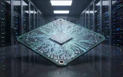Nahaufnahme eines leuchtenden Siliziumwafers oder Speicherchips mit unscharfen Rechenzentrumsservern im Hintergrund, symbolisiert KI-Kosten. - Foto: über boerse-global.de
