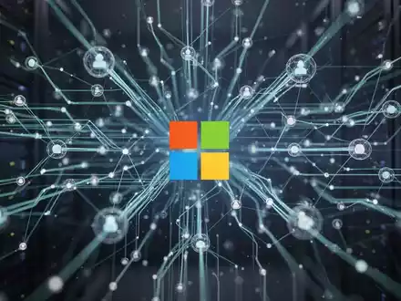 Vernetzte digitale Datenströme und Netzwerkknoten, die komplexe IT-Infrastruktur und Unternehmensfusionen darstellen, mit dezentem Microsoft 365-Logo. - Foto: über boerse-global.de