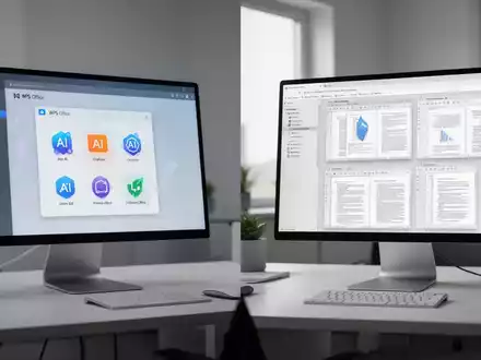 Geteiltes Bild mit zwei verschiedenen Computermonitoren: einer mit moderner, tabbasierter WPS-Oberfläche, der andere mit mehreren LibreOffice-Fenstern. - Foto: über boerse-global.de