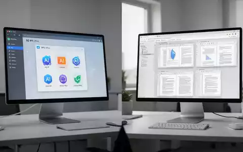 Geteiltes Bild mit zwei verschiedenen Computermonitoren: einer mit moderner, tabbasierter WPS-Oberfläche, der andere mit mehreren LibreOffice-Fenstern. - Foto: über boerse-global.de