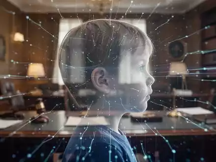 Kindersilhouette über verschwommener digitaler Oberfläche, Symbol für Online-Sicherheit und rechtlichen Schutz. - Foto: über boerse-global.de