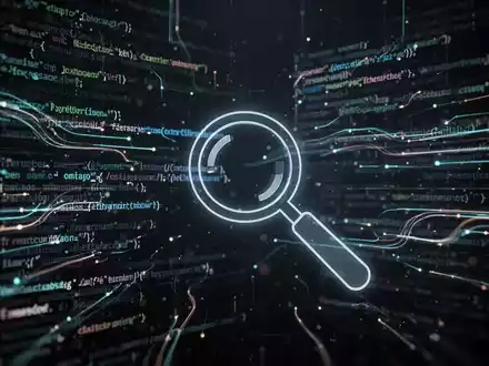 Abstrakte Darstellung digitaler Datenströme mit einem stilisierten Lupensymbol, das Überwachung und Ermittlung symbolisiert. - Foto: über boerse-global.de
