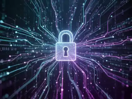 Abstrakte Darstellung von digitalen Datenströmen, die auf ein Vorhängeschloss zulaufen, symbolisiert Datenschutz und Überwachung. - Foto: über boerse-global.de