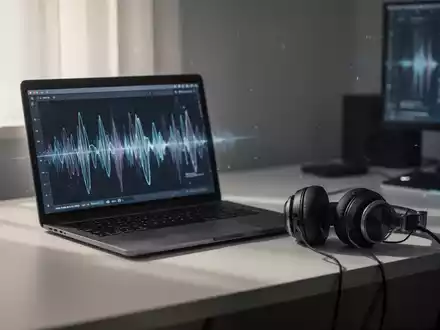 Ein minimalistischer Schreibtisch mit Laptop und Kopfhörern, sanftes Licht fällt durch ein Fenster. Abstrakte Klangwellen auf dem Bildschirm. - Foto: über boerse-global.de