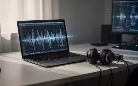 Ein minimalistischer Schreibtisch mit Laptop und Kopfhörern, sanftes Licht fällt durch ein Fenster. Abstrakte Klangwellen auf dem Bildschirm. - Foto: über boerse-global.de