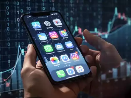 Eine Hand hält ein Smartphone mit App-Icons vor digitalem Code und Grafiken, symbolisiert App-Verwaltung und Finanzänderungen. - Foto: über boerse-global.de