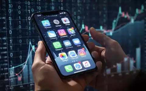 Eine Hand hält ein Smartphone mit App-Icons vor digitalem Code und Grafiken, symbolisiert App-Verwaltung und Finanzänderungen. - Foto: über boerse-global.de