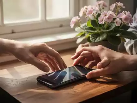 Hände legen ein Smartphone auf eine Holzoberfläche neben einer Pflanze ab, mit weichem Licht, das durch ein Fenster fällt. - Foto: über boerse-global.de