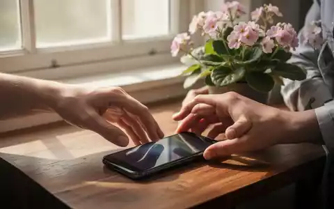 Hände legen ein Smartphone auf eine Holzoberfläche neben einer Pflanze ab, mit weichem Licht, das durch ein Fenster fällt. - Foto: über boerse-global.de