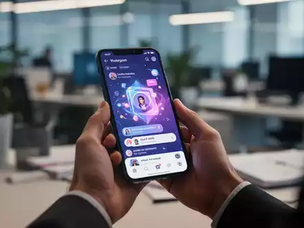 Hände halten ein Smartphone mit einer Social-Media-App, im Hintergrund ein unscharfes Büro. Symbolisiert Produktivität vs. digitale Ablenkung. - Foto: über boerse-global.de