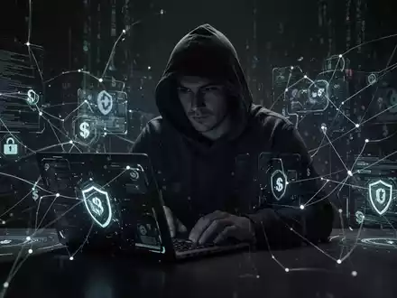 Eine Person sitzt im Dunkeln vor einem Laptop, umgeben von leuchtenden digitalen Elementen, die Cyberkriminalität symbolisieren. - Foto: über boerse-global.de