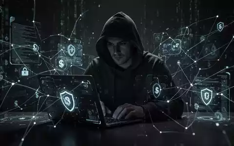 Eine Person sitzt im Dunkeln vor einem Laptop, umgeben von leuchtenden digitalen Elementen, die Cyberkriminalität symbolisieren. - Foto: über boerse-global.de