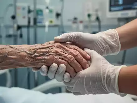 Eine ältere Hand wird von einer jüngeren, behandschuhten Hand in einer Notaufnahme gehalten, die Fürsorge und Verletzlichkeit symbolisiert. - Foto: über boerse-global.de