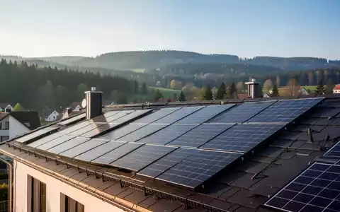 Solarmodule auf einem Hausdach in Deggendorf, mit Blick auf die Stadt und den Bayerischen Wald bei strahlendem Sonnenschein. - Foto: über boerse-global.de
