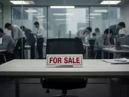 Ein verlassener Büroschreibtisch mit einem leeren Namensschild, der Personalabbau und wirtschaftliche Unsicherheit symbolisiert. - Foto: über boerse-global.de