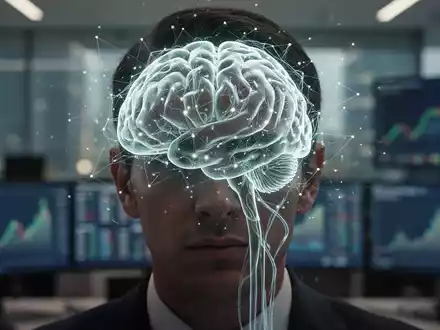 Nahaufnahme des Kopfes einer Person mit einer subtilen, leuchtenden neuronalen Netzüberlagerung, die das Nervensystem symbolisiert. Im Hintergrund ein unscharfes Büro mit Finanzdaten. - Foto: über boerse-global.de
