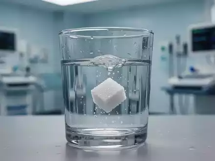 Ein einzelner Zuckerwürfel löst sich langsam in einem Glas Wasser auf, mit einem unscharfen, modernen klinischen Hintergrund. - Foto: über boerse-global.de