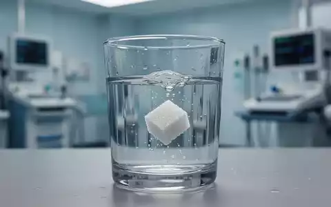 Ein einzelner Zuckerwürfel löst sich langsam in einem Glas Wasser auf, mit einem unscharfen, modernen klinischen Hintergrund. - Foto: über boerse-global.de