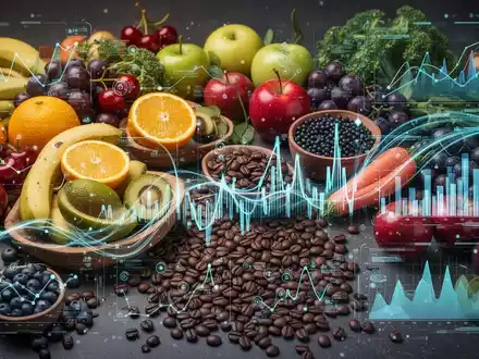 Gesunde Lebensmittel wie Obst, Gemüse und Kaffee, überlagert mit abstrakten digitalen Elementen, die soziale Medien und wissenschaftliche Daten darstellen. - Foto: über boerse-global.de