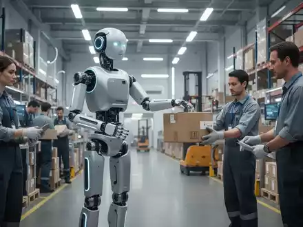 Ein eleganter, moderner humanoider Roboter arbeitet mit menschlichen Angestellten in einem hell erleuchteten, futuristischen Lagerhaus zusammen. - Foto: über boerse-global.de