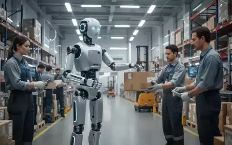 Ein eleganter, moderner humanoider Roboter arbeitet mit menschlichen Angestellten in einem hell erleuchteten, futuristischen Lagerhaus zusammen. - Foto: über boerse-global.de
