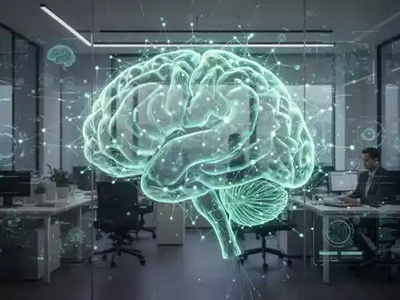 Eine futuristische Darstellung eines neuronalen Netzes, das sich mit einer modernen Büroumgebung und Datenvisualisierungen überlagert. - Foto: über boerse-global.de