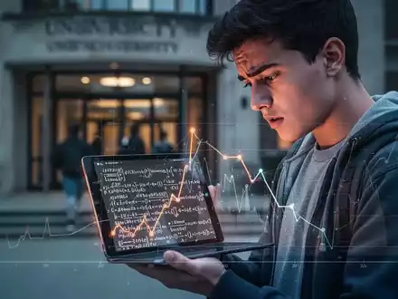 Ein gestresster Student mit Tablet, das einen KI-Algorithmus und einen rückläufigen Graph zeigt, im Hintergrund eine Universität. - Foto: über boerse-global.de
