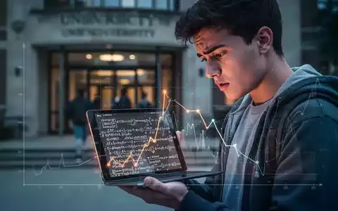 Ein gestresster Student mit Tablet, das einen KI-Algorithmus und einen rückläufigen Graph zeigt, im Hintergrund eine Universität. - Foto: über boerse-global.de