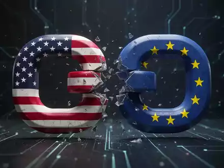 Gebrochenes Kettenglied mit US- und EU-Flaggenmuster auf beiden Seiten, symbolisiert Handelsspannungen. - Foto: über boerse-global.de