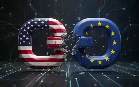 Gebrochenes Kettenglied mit US- und EU-Flaggenmuster auf beiden Seiten, symbolisiert Handelsspannungen. - Foto: über boerse-global.de