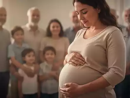 Eine schwangere Frau mit nachdenklichem Ausdruck, die ihren Bauch berührt, im Hintergrund verschwommene Familienfiguren. - Foto: über boerse-global.de