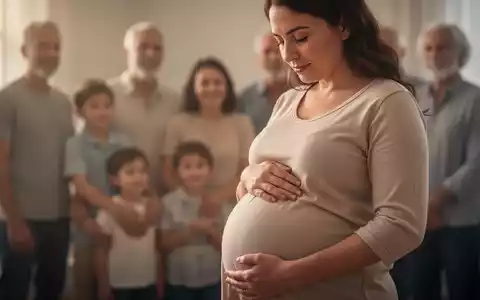 Eine schwangere Frau mit nachdenklichem Ausdruck, die ihren Bauch berührt, im Hintergrund verschwommene Familienfiguren. - Foto: über boerse-global.de