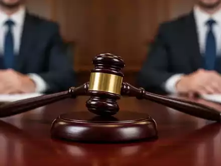 Ein Nahaufnahme eines Holzhammers auf einem dunklen Schreibtisch, mit unscharfen Personen im Hintergrund, die ein Gericht oder eine juristisches Umfeld andeuten. - Foto: über boerse-global.de